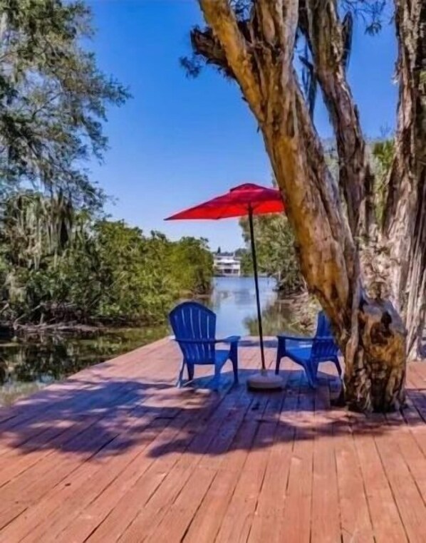 Relax by the serene lake with a comfortable seating area under a shaded tree.