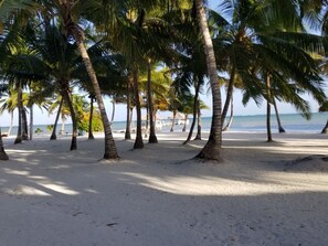Perto da praia, espreguiçadeiras, toalhas de praia 