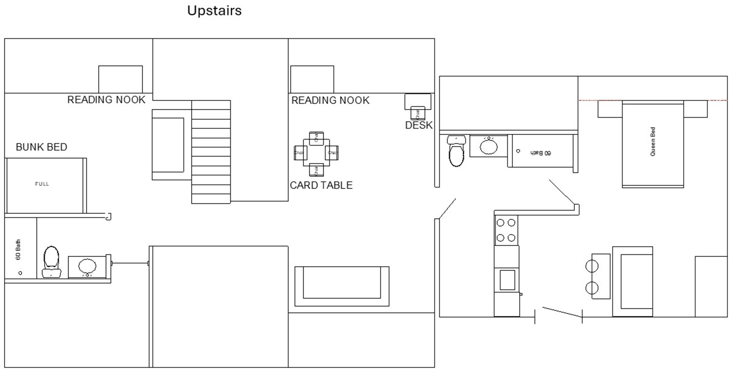 A floor plan with a bunk bed, reading nook, card table, desk, bathroom, and a kitchen area.