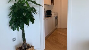 Een gang met een potplant, houten vloer en een keukenruimte zichtbaar door een open deur.