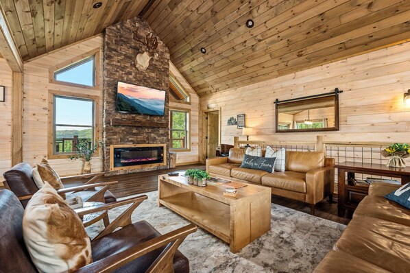 Smart TV, fireplace, video games, DVD player