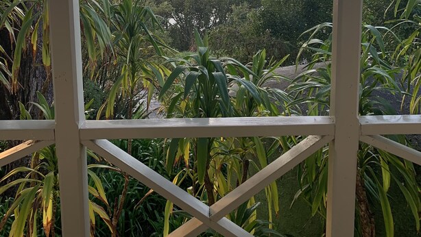 A view from a covered balcony with a pergola, overlooking a body of water and distant hills. - Historic cottage with harbour views (Kohukohu)