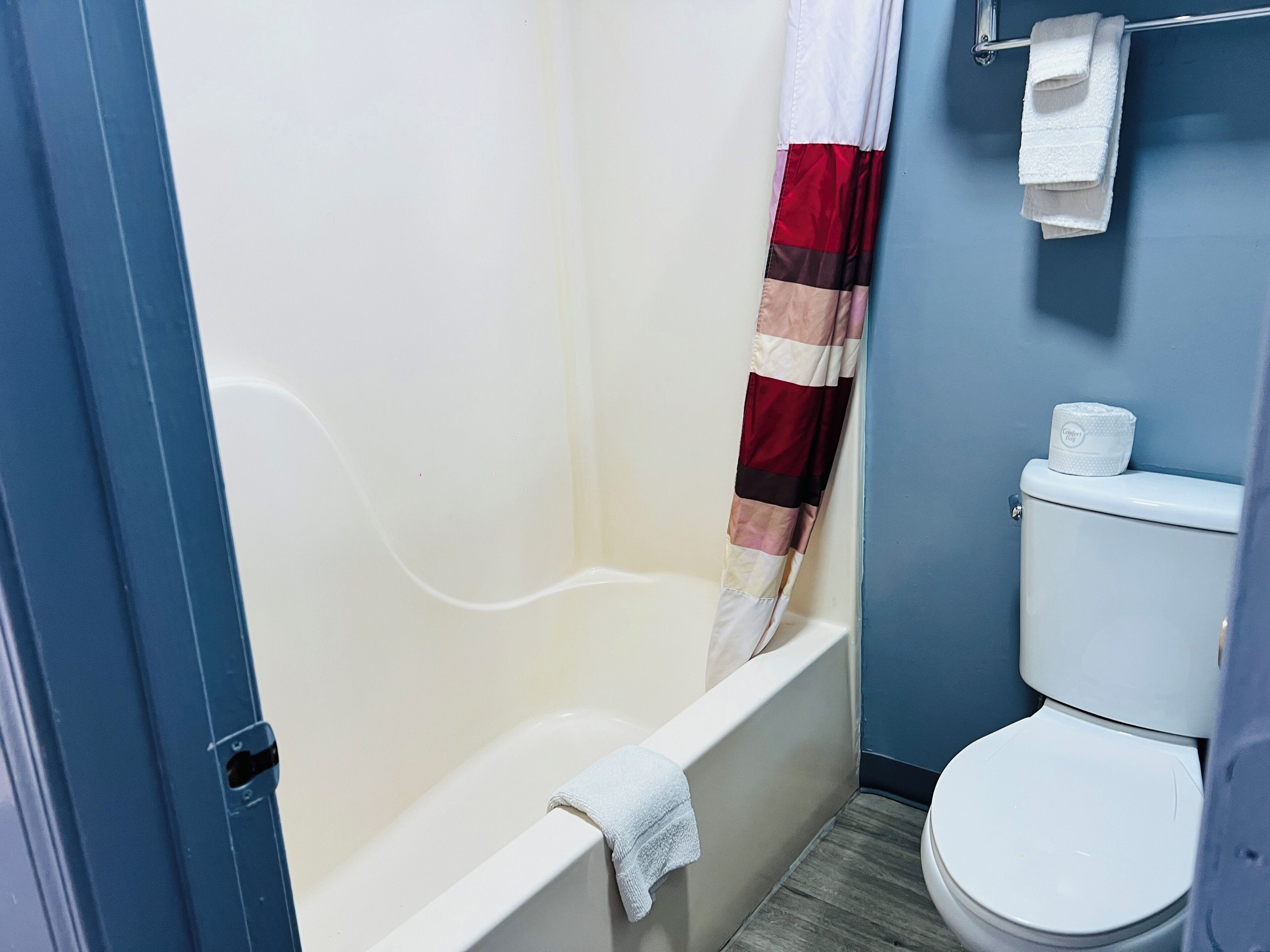 A bathroom with a bathtub, toilet, and a shower curtain.