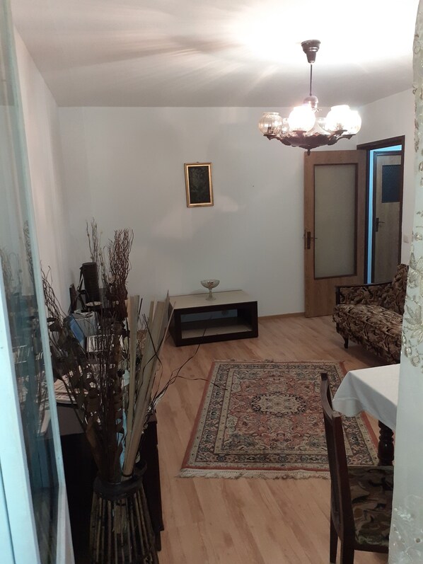 A living room with a wooden floor, a patterned rug, a sofa, a dining table, a chandelier, and a door with a mirror.