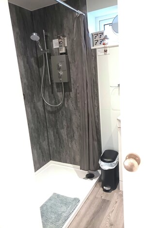 Shower, hair dryer, towels