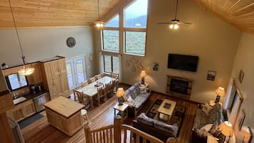 Smart TV, fireplace, books