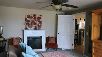 Televisión de pantalla plana, chimenea, reproductor de DVD y oficina