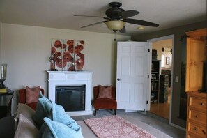 Televisión de pantalla plana, chimenea, reproductor de DVD y oficina 