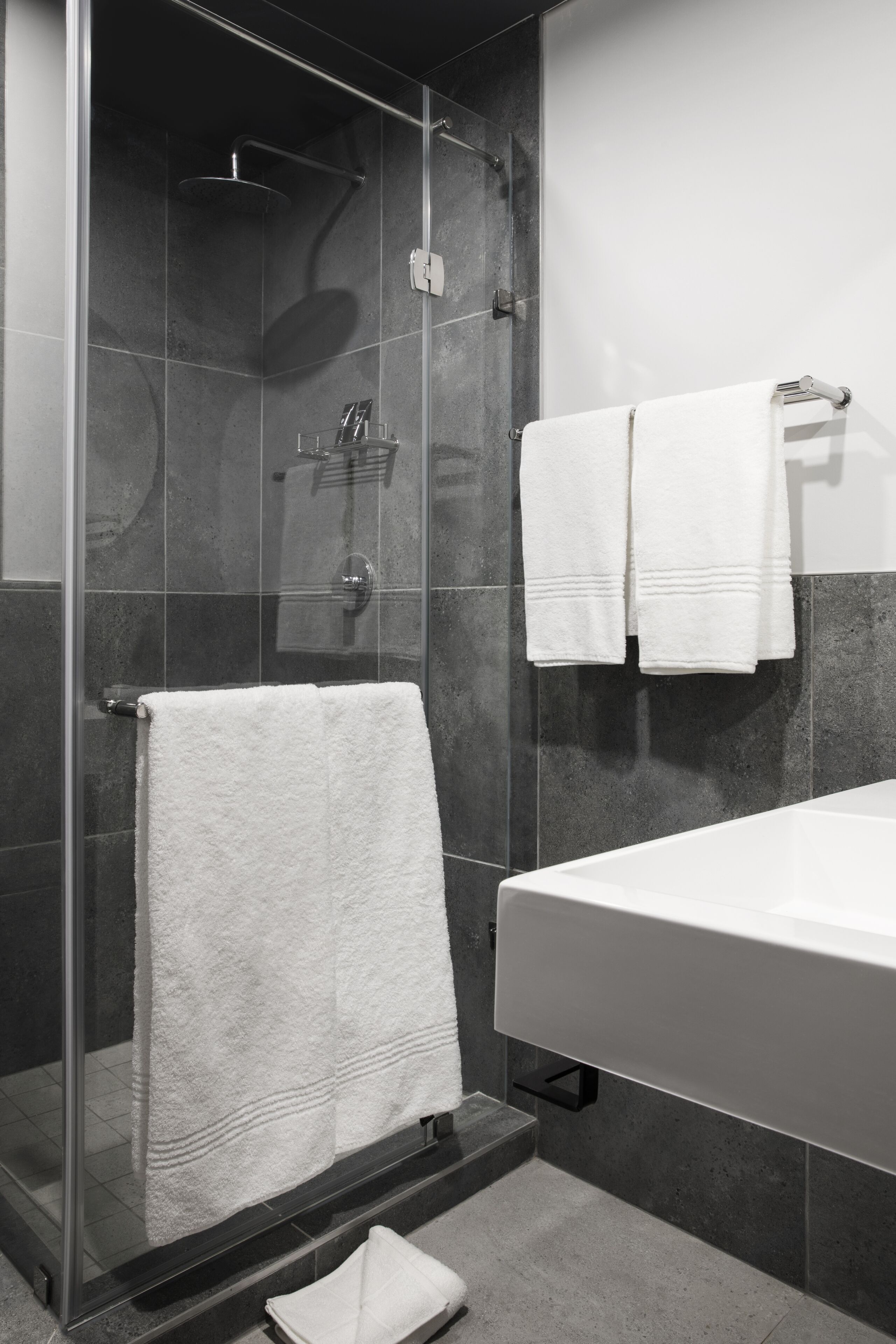standard room | bathroom | shower, rainfall showerhead, hair dryer, towels