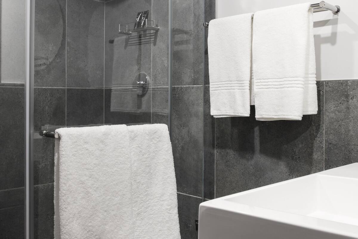 standard room | bathroom | shower, rainfall showerhead, hair dryer, towels