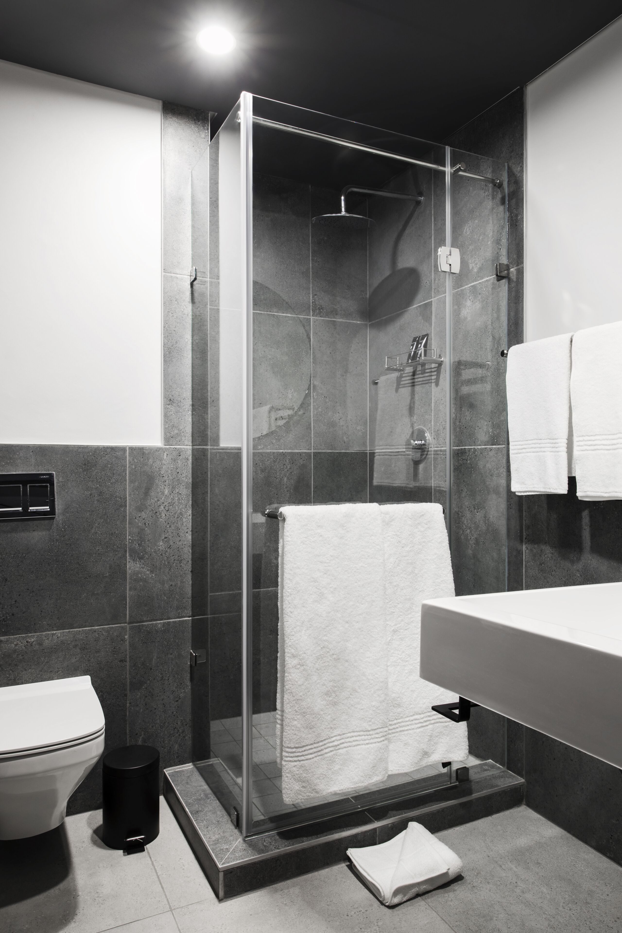 shower, rainfall showerhead, hair dryer, towels