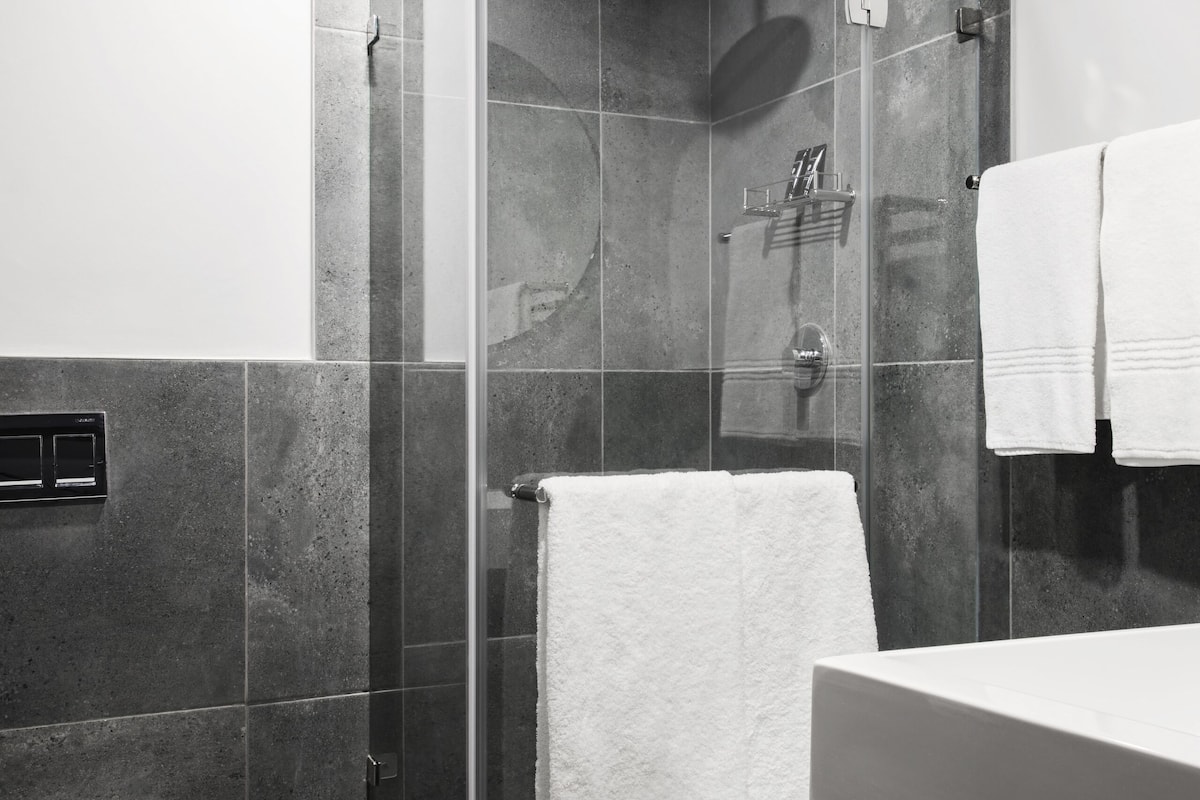 shower, rainfall showerhead, hair dryer, towels