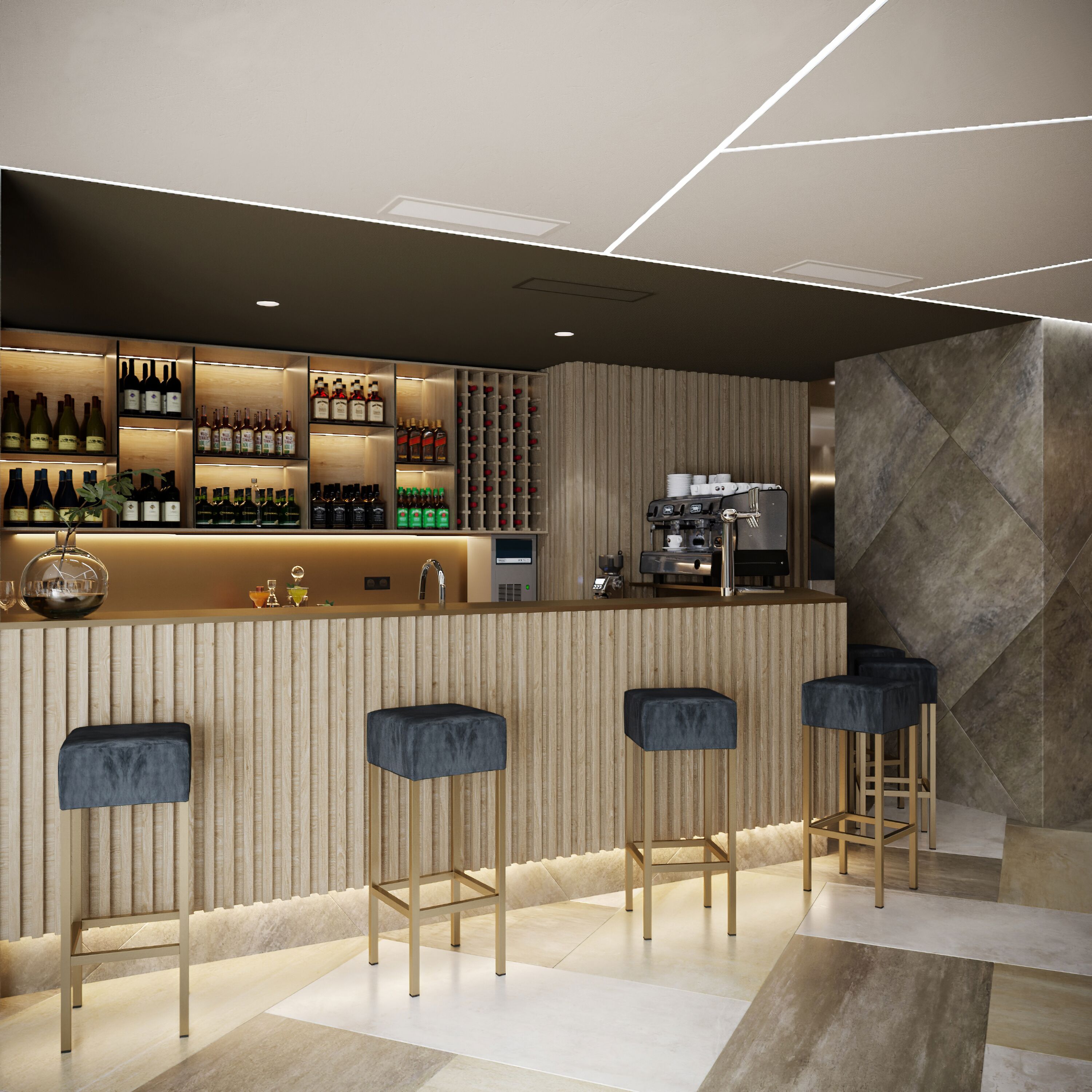 Zona de bar moderna con un panel de madera, una variedad de botellas de licor y taburetes.