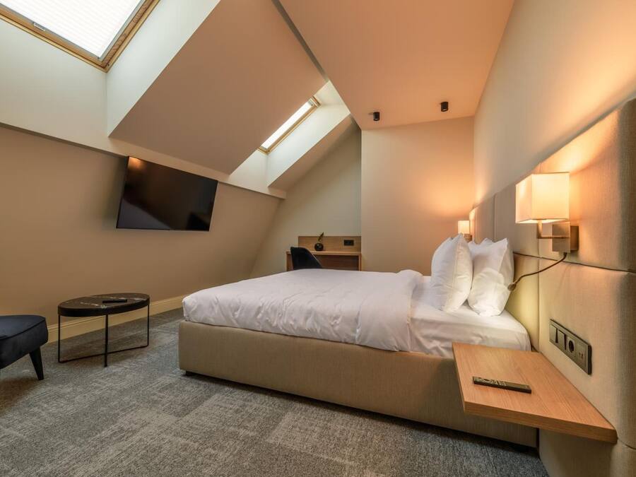 Una habitación de hotel moderna con una cama grande, un televisor montado en la pared y un tragaluz.