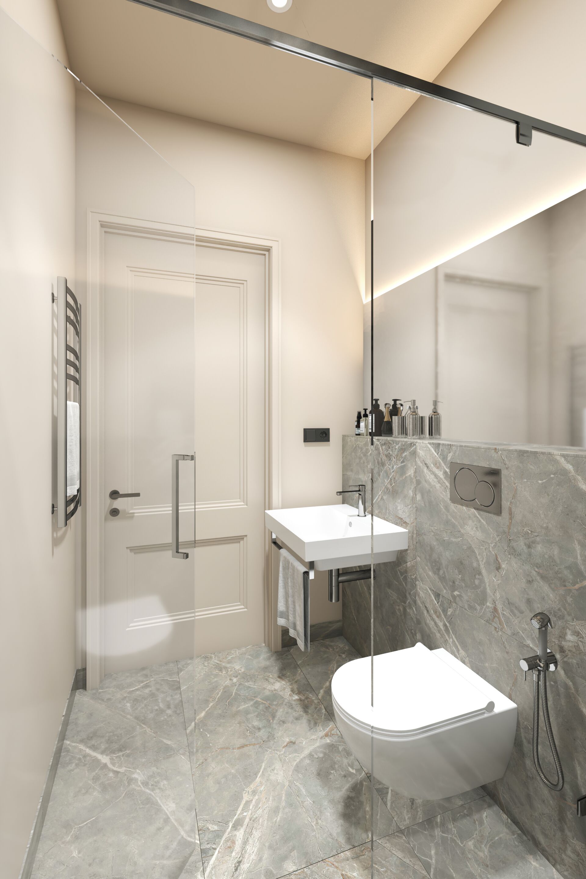A modern bathroom with a glass-enclosed shower, a white sink, and a toilet.