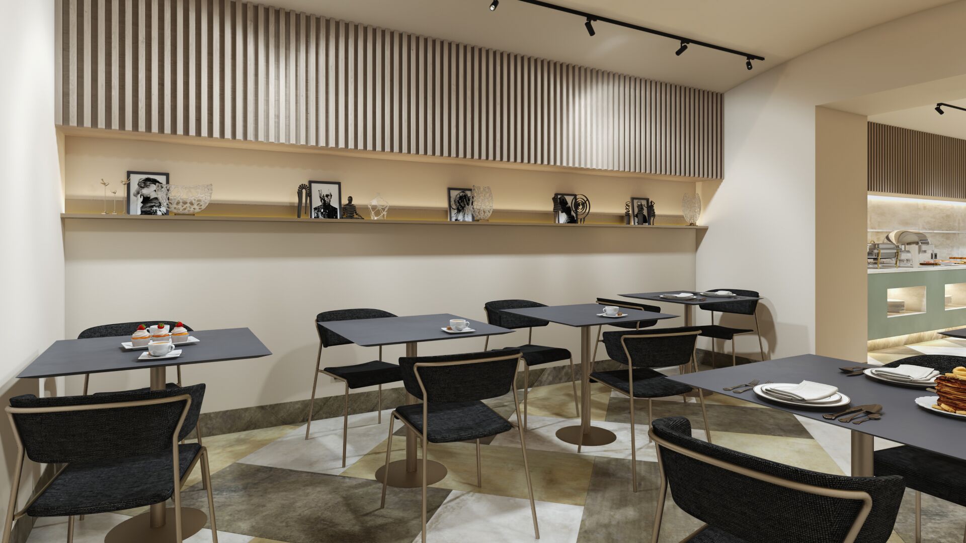 A modern dining area with multiple tables and chairs, a decorative ceiling, and shelves with items.