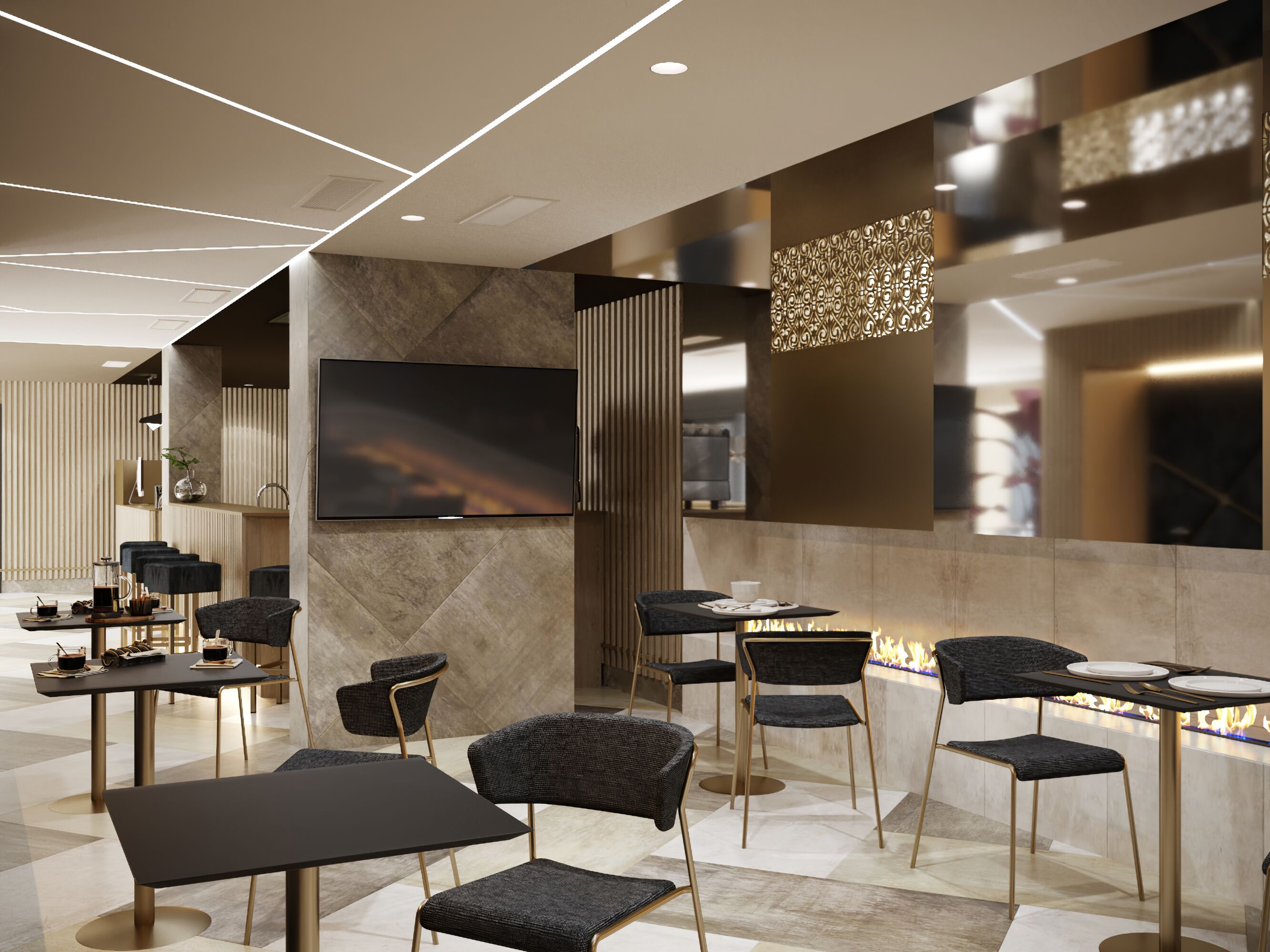 A modern interior with a flat-screen TV, seating arrangements, and a decorative wall panel.