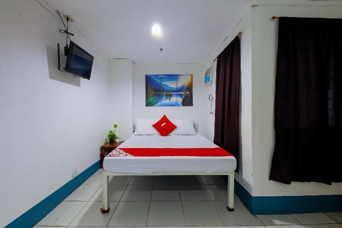 A single bed with a red pillow, a TV mounted on the wall, and a painting above the bed.