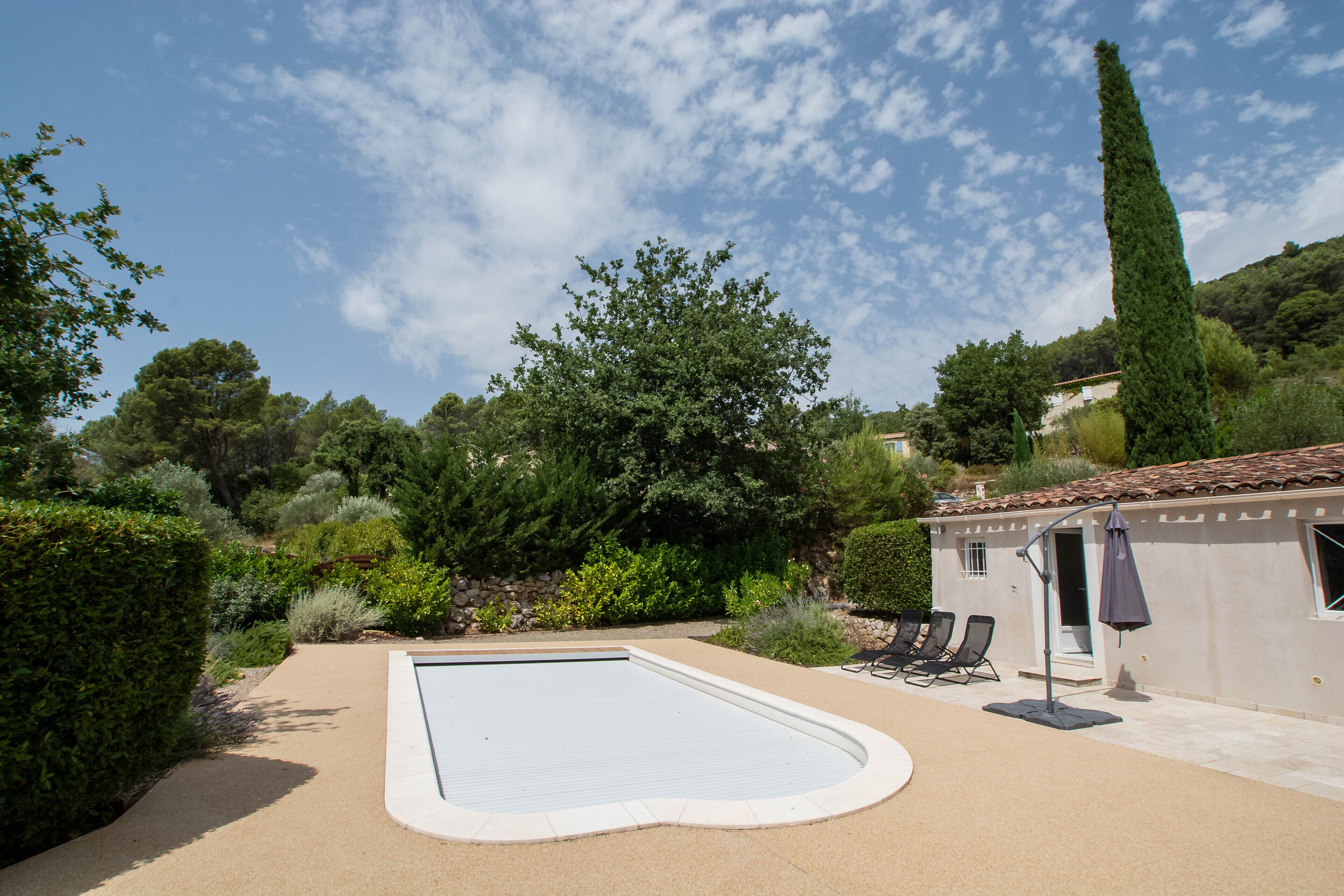 Ein Pool mit geschwungener Kante, umgeben von einem angelegten Garten mit verschiedenen Sträuchern und Bäumen. In der Nähe des Pools befinden sich Liegestühle und ein Sonnenschirm.