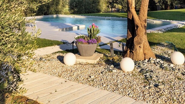 Un espace piscine agrémenté d’un palmier, d’une terrasse en bois et d’un jardin avec des galets et une plante en pot.