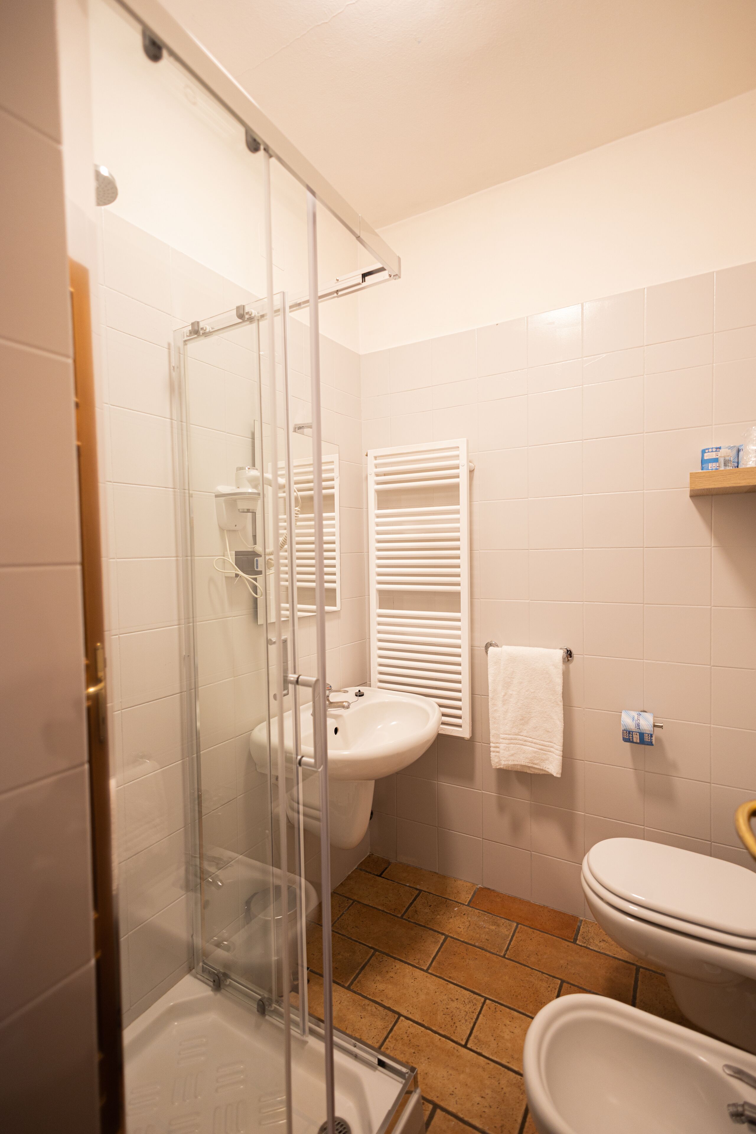 Ein Badezimmer mit Duschkabine aus Glas, einem Standwaschbecken und einer Toilette.