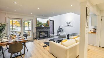 Smart TV, chimenea y libros