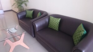 Un canapé en cuir marron foncé agrémenté de coussins à motifs verts, une table basse en verre et une plante en pot.