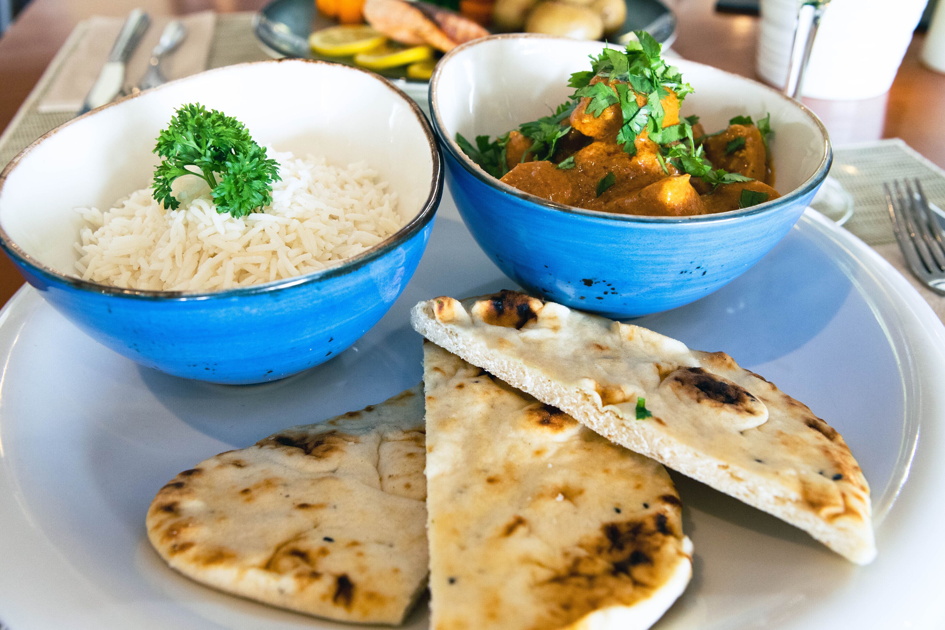 A plate with two bowls of food, one with rice and the other with a curry dish, and two pieces of flatbread.