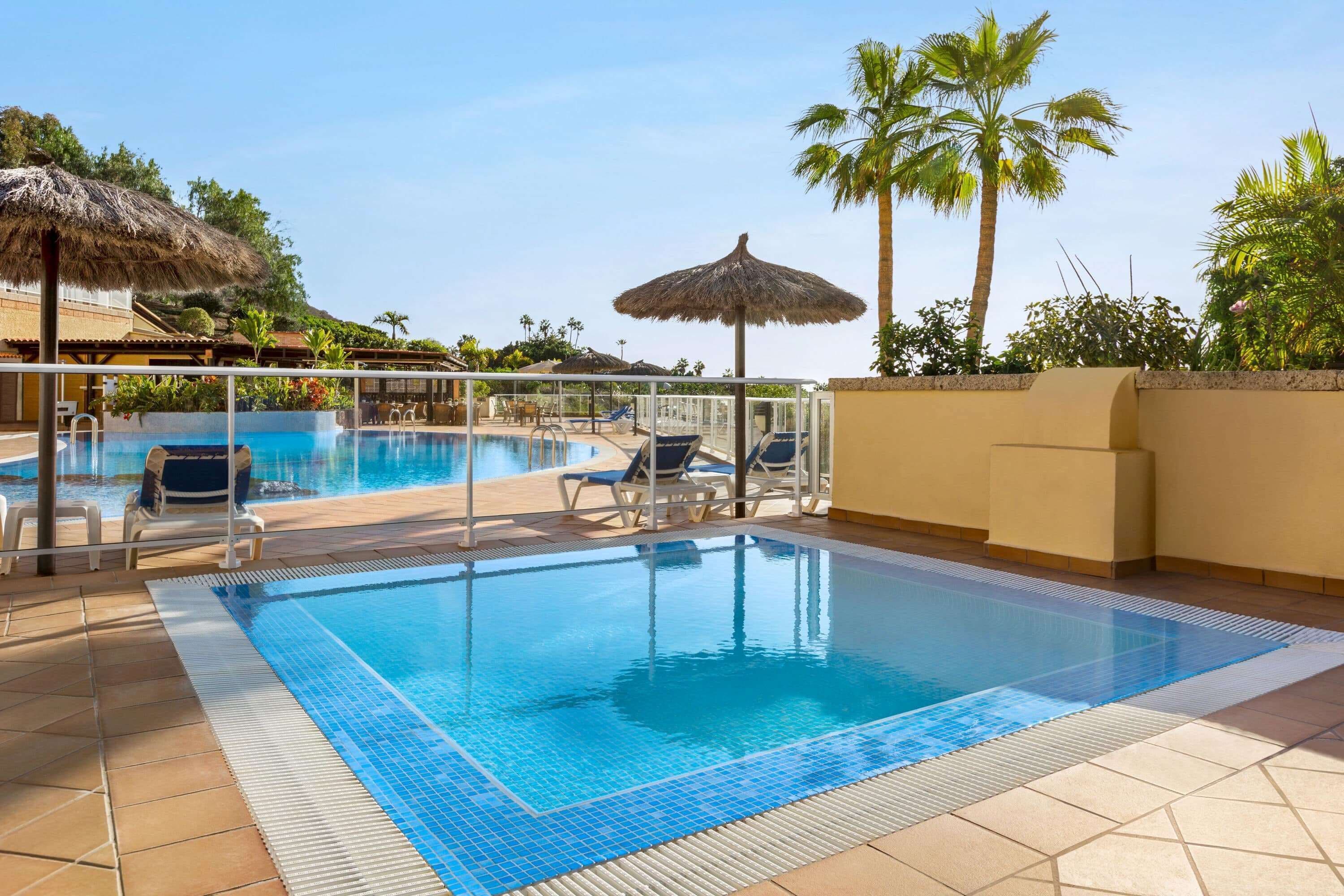 A swimming pool with lounge chairs and umbrellas, surrounded by palm trees and a clear sky.