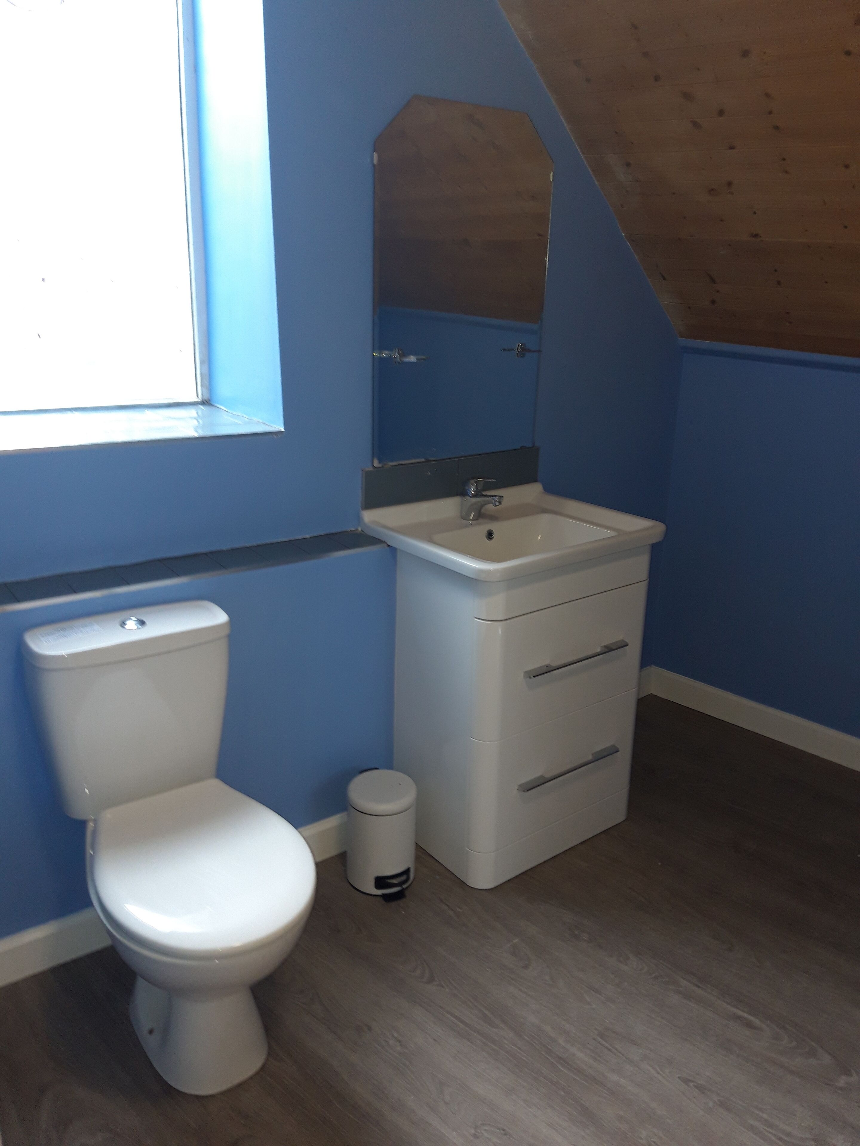 Une salle de bain avec des toilettes, un lavabo et un miroir.