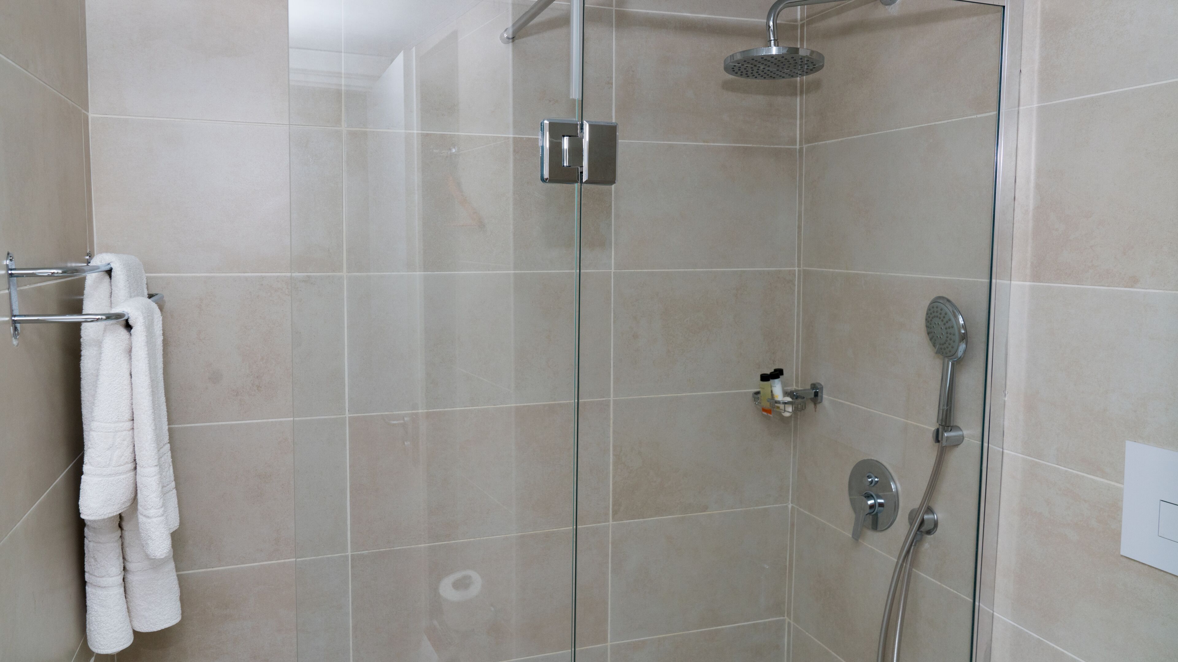 Een moderne douchecel met een glazen deur, een handdouche, een wandmengkraan en een handdoekrek met witte handdoeken.
