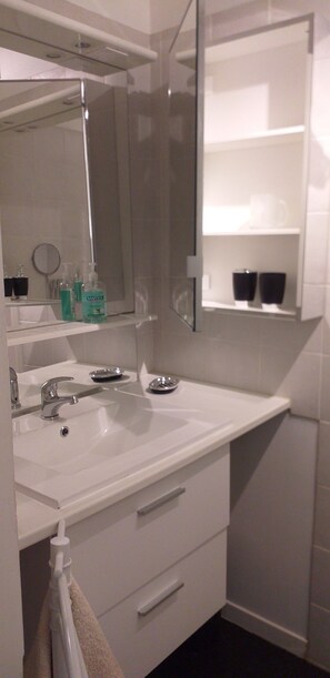 Een douche, een haardroger, toiletpapier
