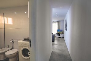 Shower, hair dryer, bidet, towels