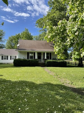 A single-story house with a front porch, a lawn, and a large tree.