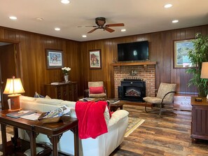 Smart TV, fireplace, books