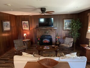 Smart TV, fireplace, books