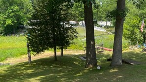 Un espace extérieur verdoyant, avec des arbres et une aire de jeux.