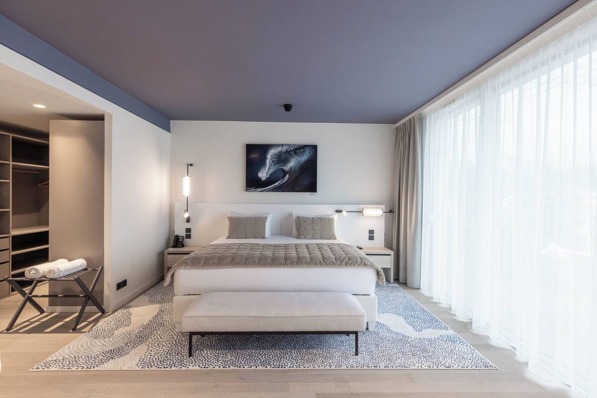 A modern bedroom with a large bed, bedside tables, a walk-in closet, and a view of the outdoors.