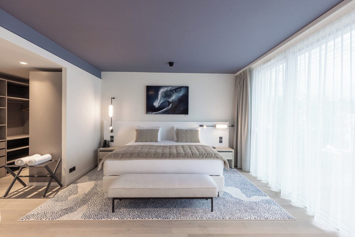 A modern bedroom with a large bed, bedside tables, a walk-in closet, and a view of the outdoors.