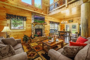 Smart TV, fireplace, books