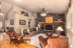 Smart TV, fireplace, video games, DVD player