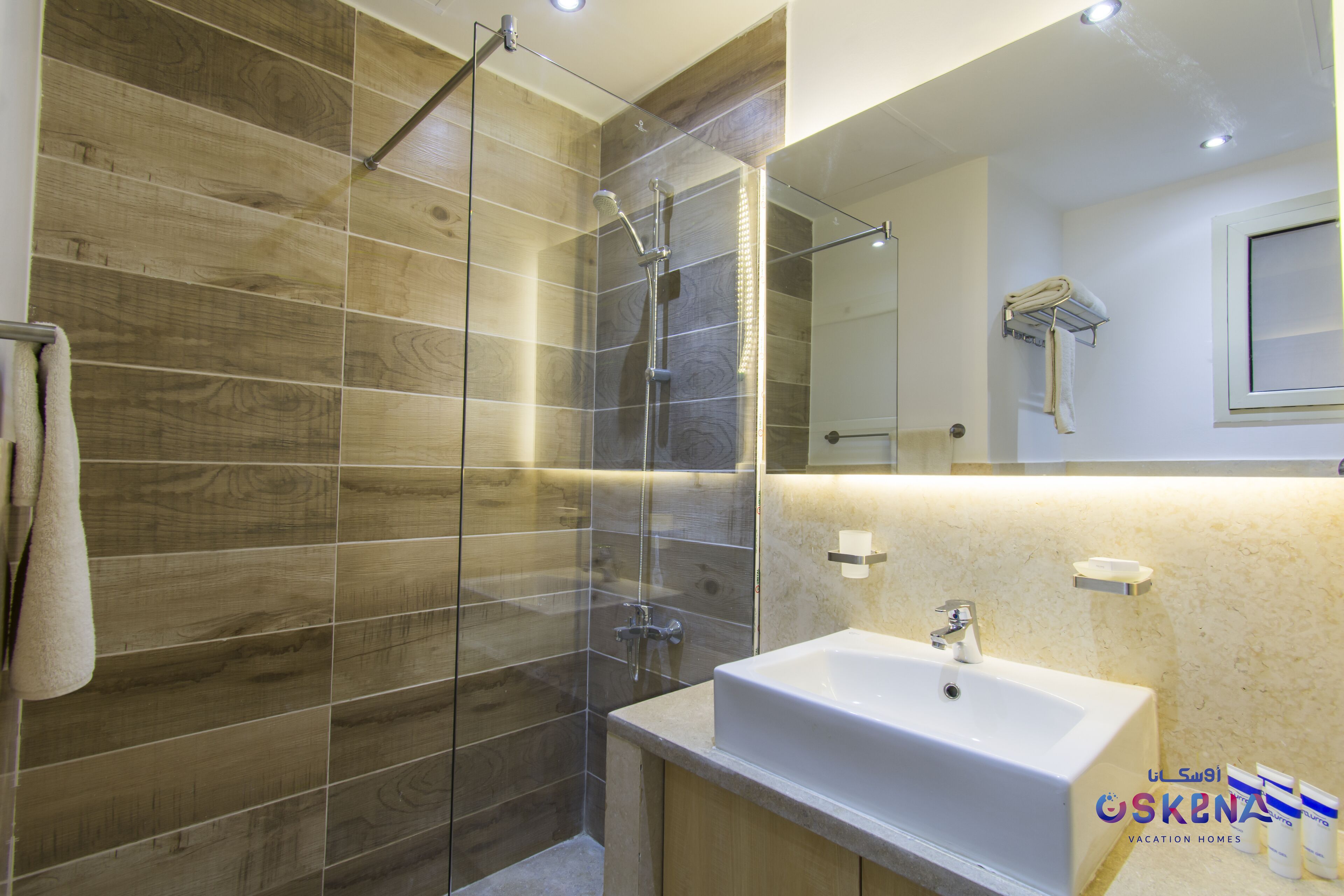 A modern bathroom with a glass shower enclosure, a white sink, and a large mirror.