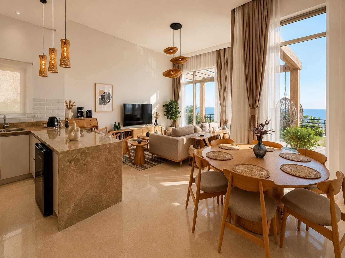 A modern kitchen with a central island, a dining area with a round table, and a living space with a sofa and TV.
