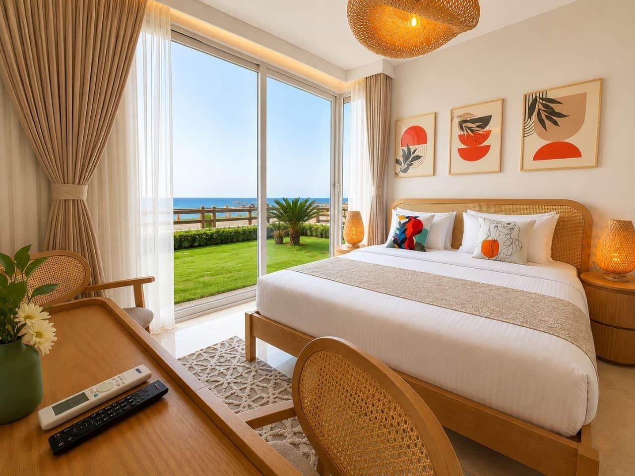 A hotel room with a bed, a desk with a remote control, a chair, a lamp, and a view of the sea.