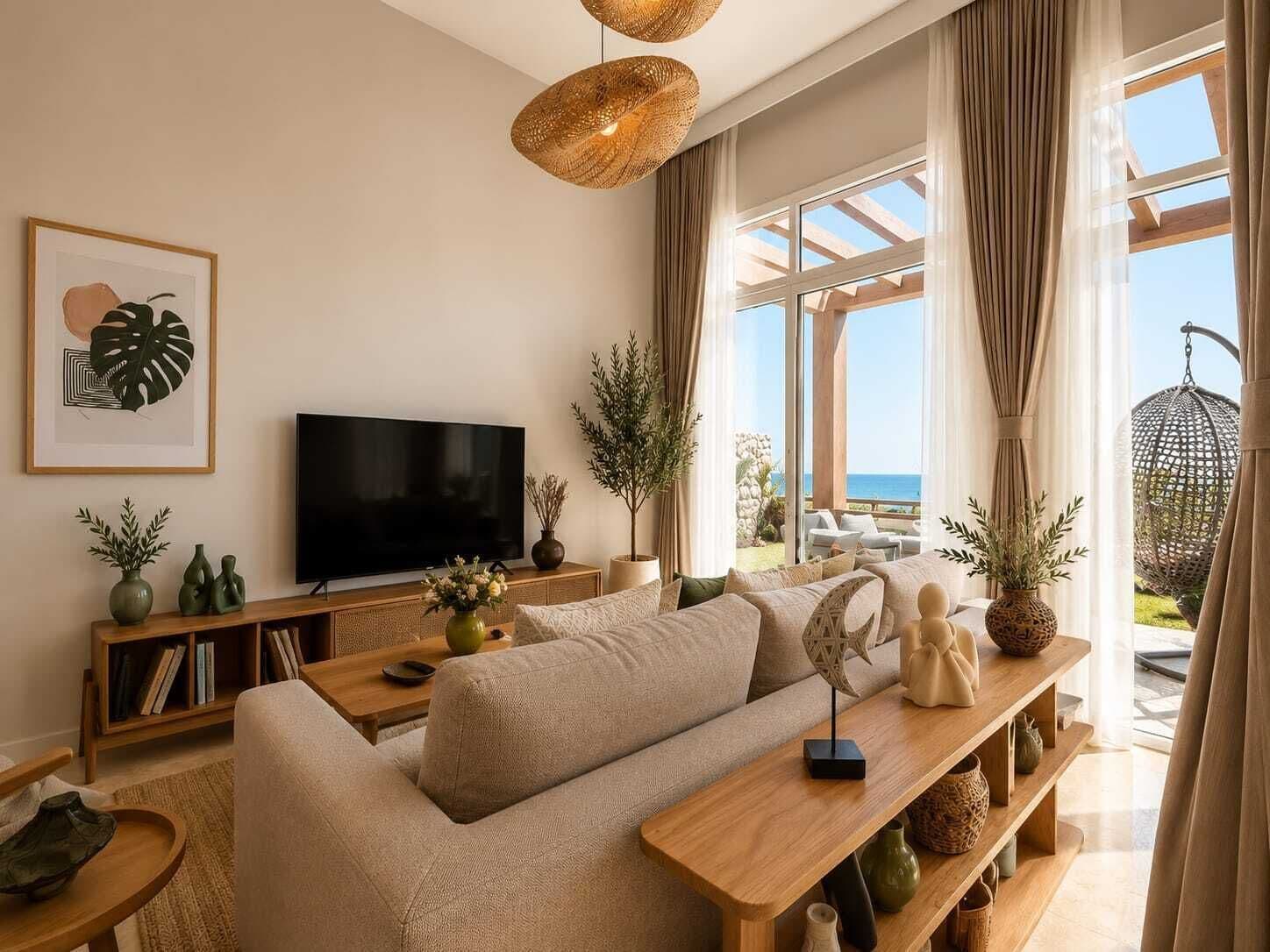 A modern living room with a large flat-screen TV, a sofa, a wooden coffee table, and a view of the ocean through large windows.
