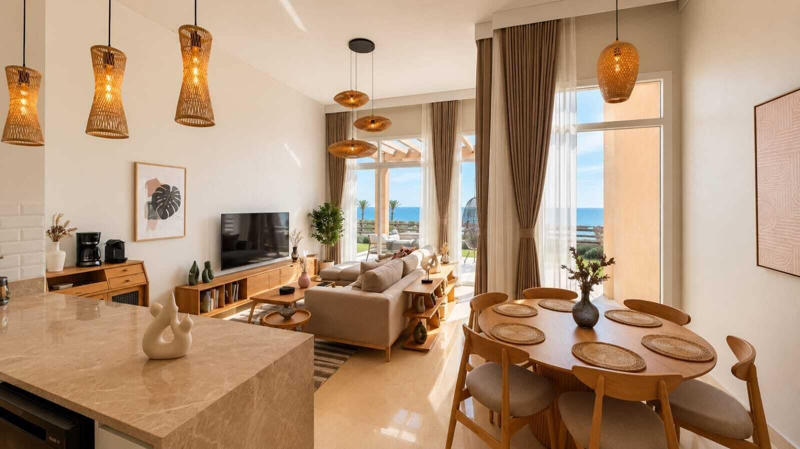 A modern living room with a sofa, coffee table, and dining area with a view of the ocean.