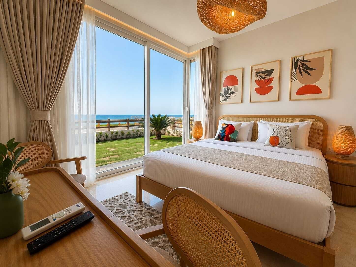 A hotel room with a large bed, a desk with a chair, a view of the sea, and artwork on the wall.
