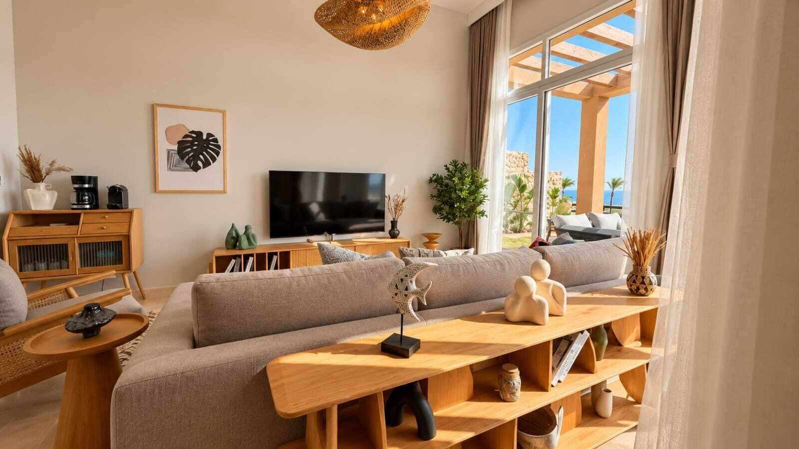 Una sala de estar moderna con un sofá, una mesa de centro de madera y un televisor de pantalla plana.