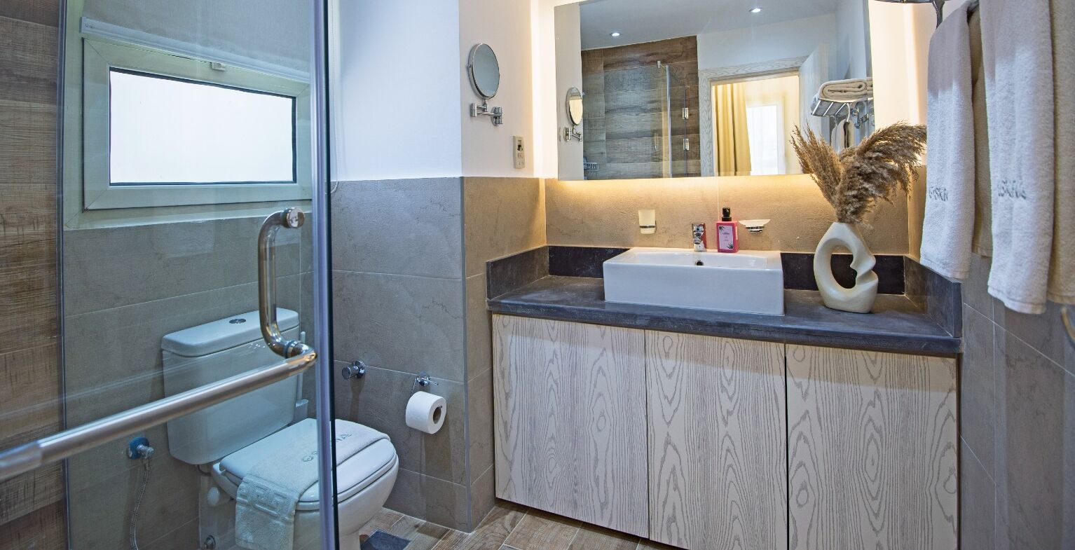 A modern bathroom with a glass shower enclosure, a toilet, a sink with a mirror, and a vanity with a towel rack.