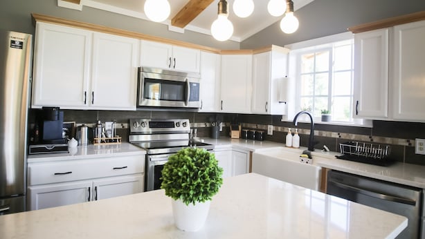 A modern kitchen with white cabinets, stainless steel appliances, and a central island with a potted plant. - Newly constructed cabin on a quiet residential pond.  (North Pole)